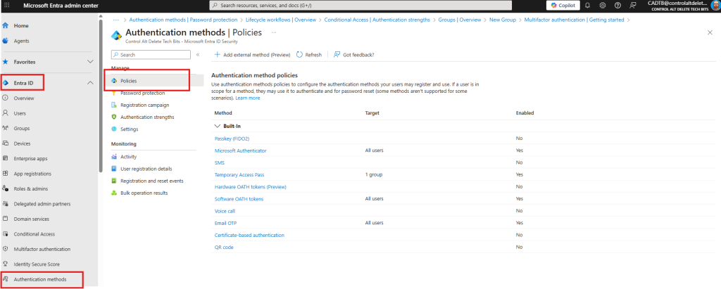 Entra ID Authentication methods policies