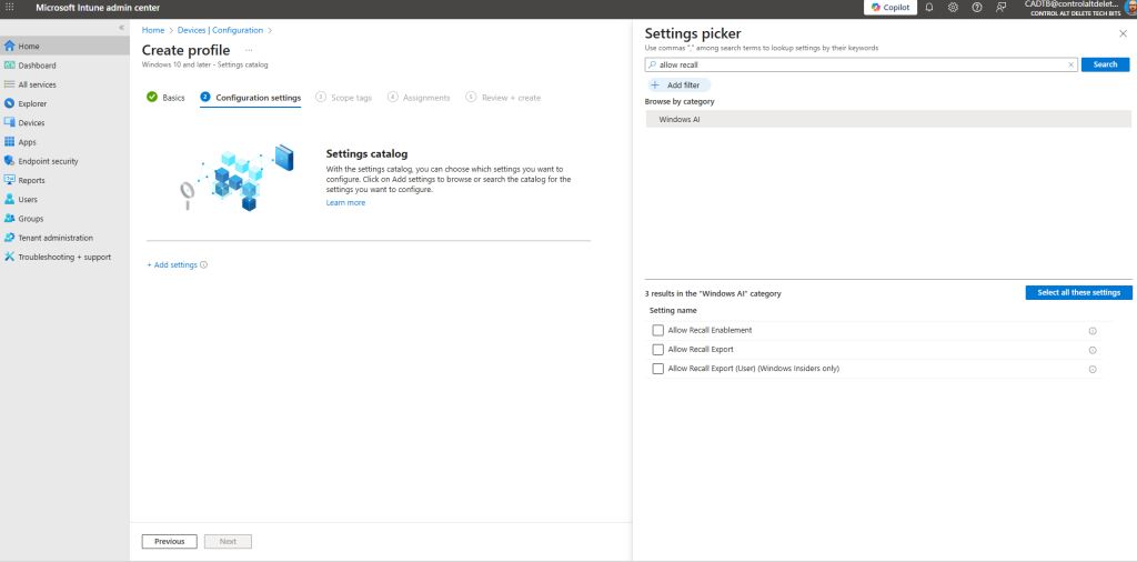 Intune Settings Catalog Windows 11 25H2