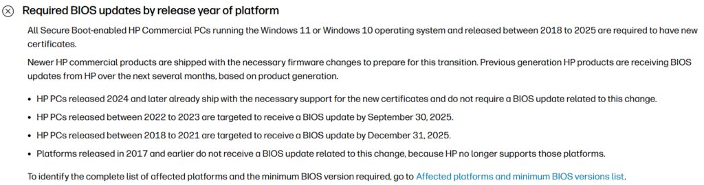 Required BIOS updates by release year of platform