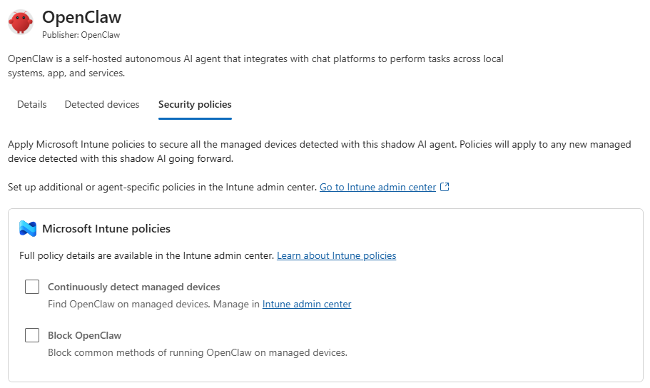 Shadow AI OpenClaw Microsoft Intune policies