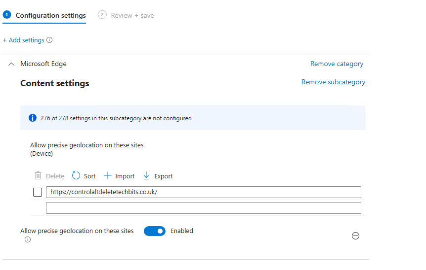 Intune Settings Catalog Allow precise geolocation on trusted sites