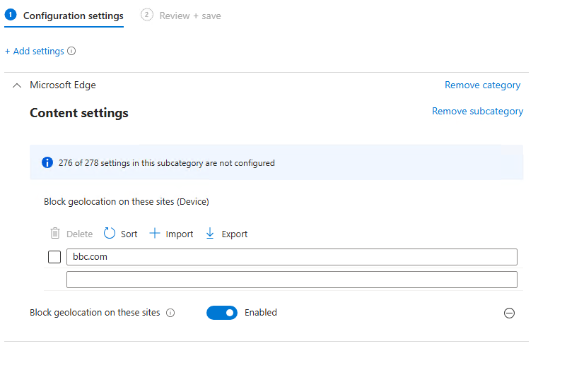 Intune Settings Catalog Block geolocation on specific sites