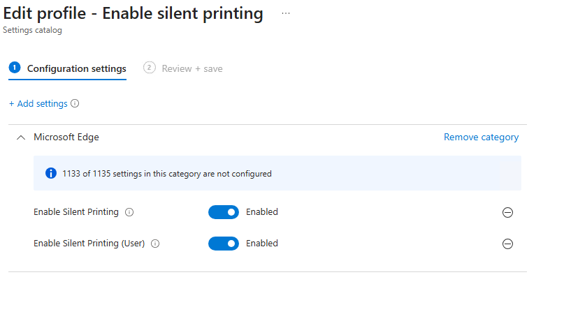 Intune Settings Catalog Windows Enable silent printing