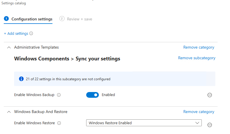 intune settings catalog windows restore