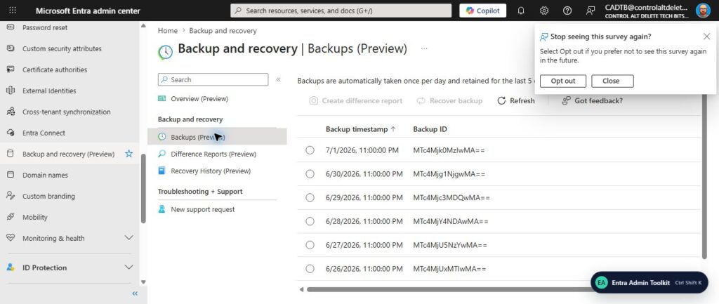 Microsoft Entra Backup and Recovery Backups List