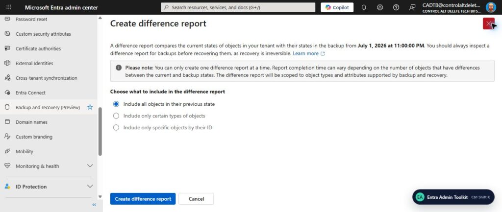 Microsoft Entra Backup and Recovery difference report scope options