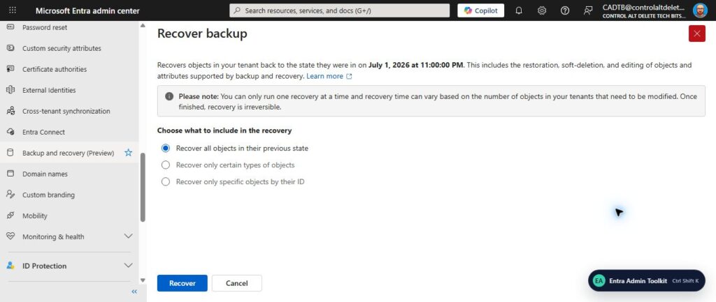 Microsoft Entra Backup and Recovery recover