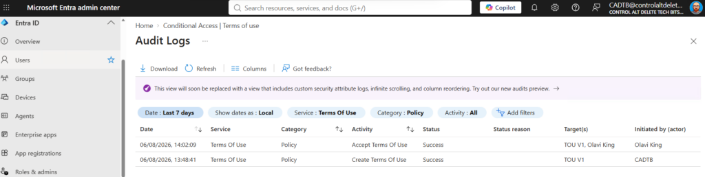 Microsoft Entra Terms of Use Audit Logs