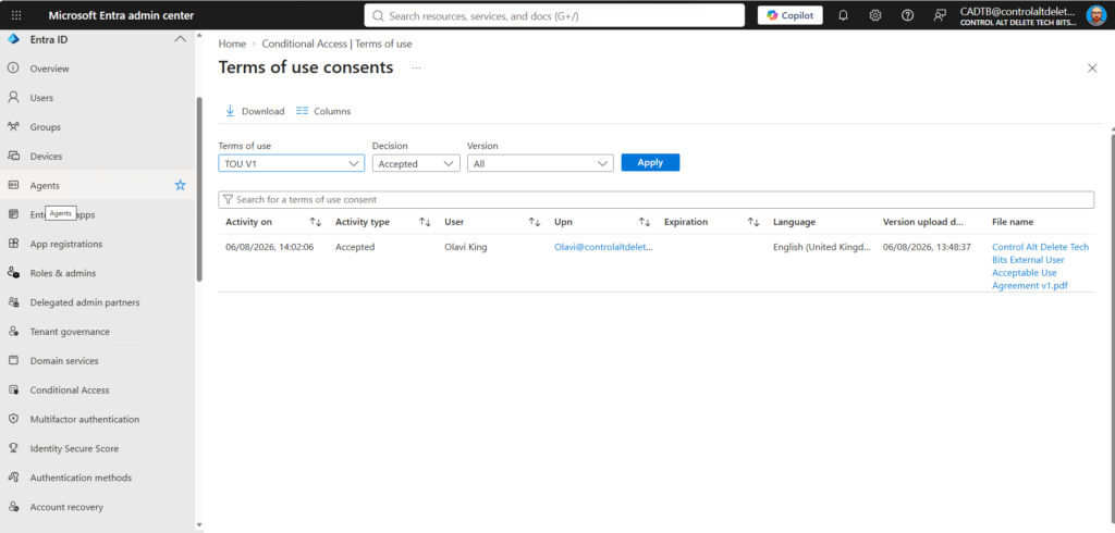 Microsoft Entra Terms of Use consents