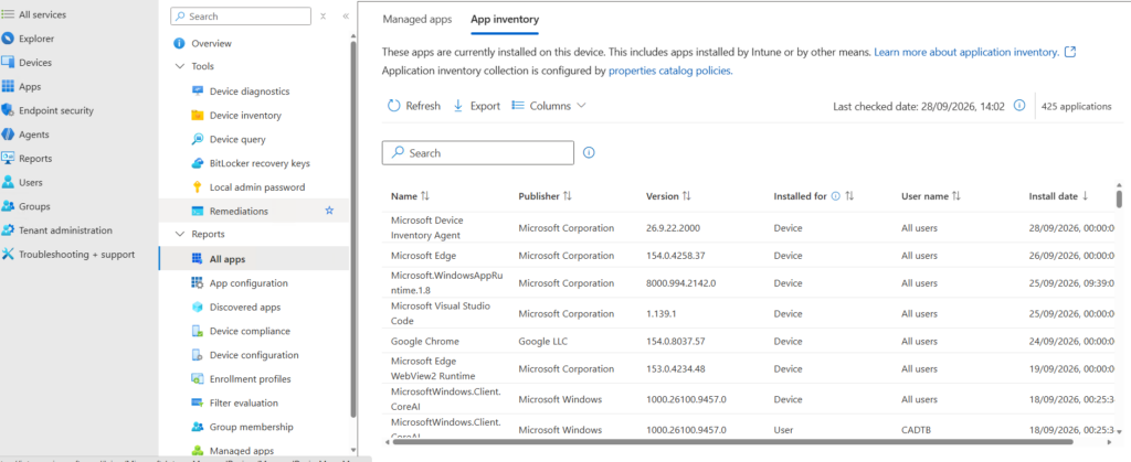 Microsoft Intune app inventory