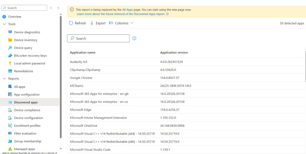 Microsoft Intune discovered apps