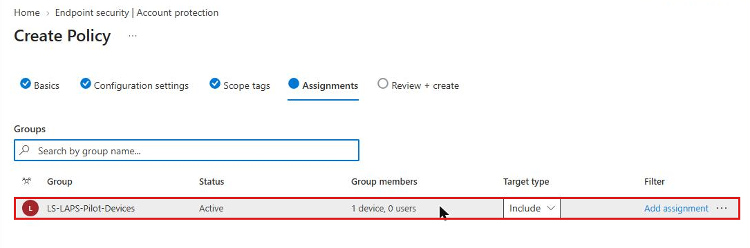 Assigning an Intune LAPS policy to the LS-LAPS-Pilot-Devices device group