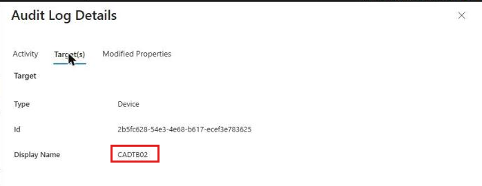 Intune LAPS audit log details showing CADTB02 as the target device of a password recovery