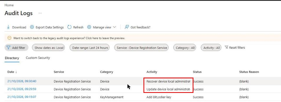 Microsoft Entra audit log for Intune LAPS showing Recover device local administrator password and Update device local administrator password