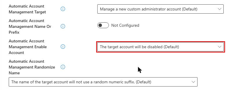 Intune LAPS automatic account management settings with Enable Account left at the default of disabled