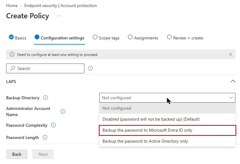 Intune LAPS Backup Directory options: disabled, Microsoft Entra ID only, Active Directory only