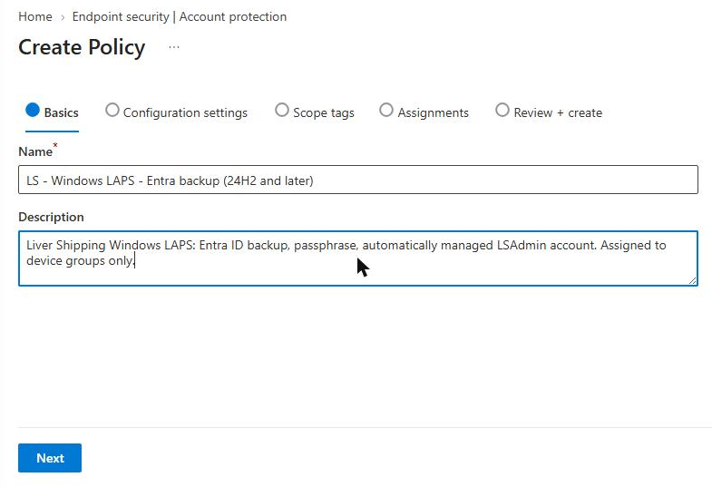 Intune LAPS policy Basics page with a name and description for the Windows LAPS profile