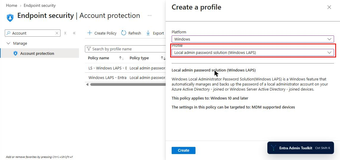 Creating an Intune LAPS policy: Windows platform and the Local admin password solution (Windows LAPS) profile
