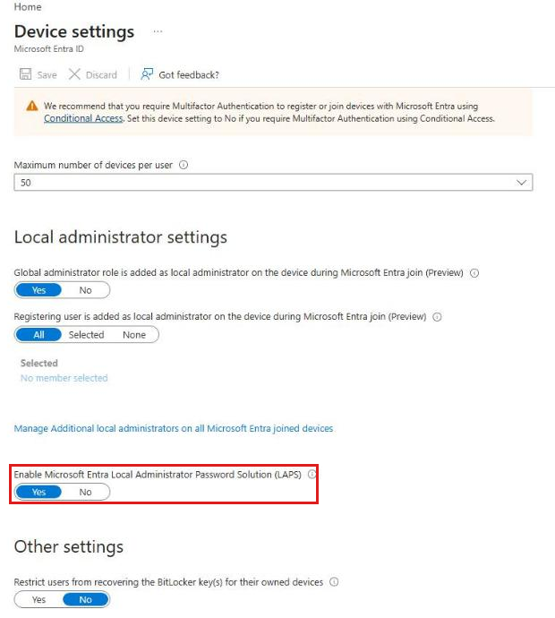 Intune LAPS prerequisite: Enable Microsoft Entra Local Administrator Password Solution set to Yes in Entra device settings