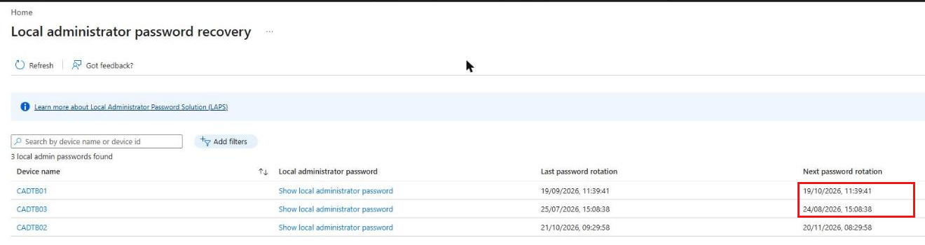 Microsoft Entra local administrator password recovery list for Intune LAPS devices with last and next password rotation dates