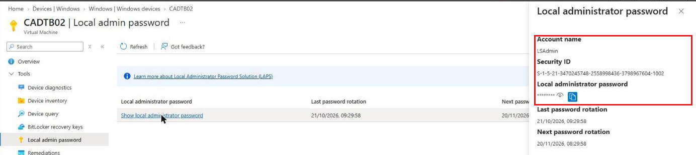 Intune LAPS local admin password pane showing the LSAdmin account, security ID, hidden password and rotation dates