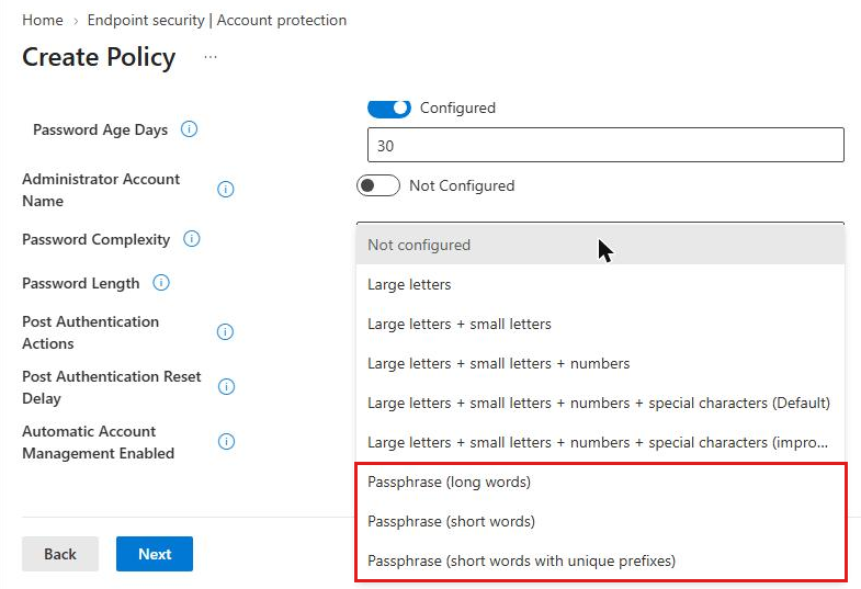 Intune LAPS Password Complexity options including passphrase long words, short words and short words with unique prefixes
