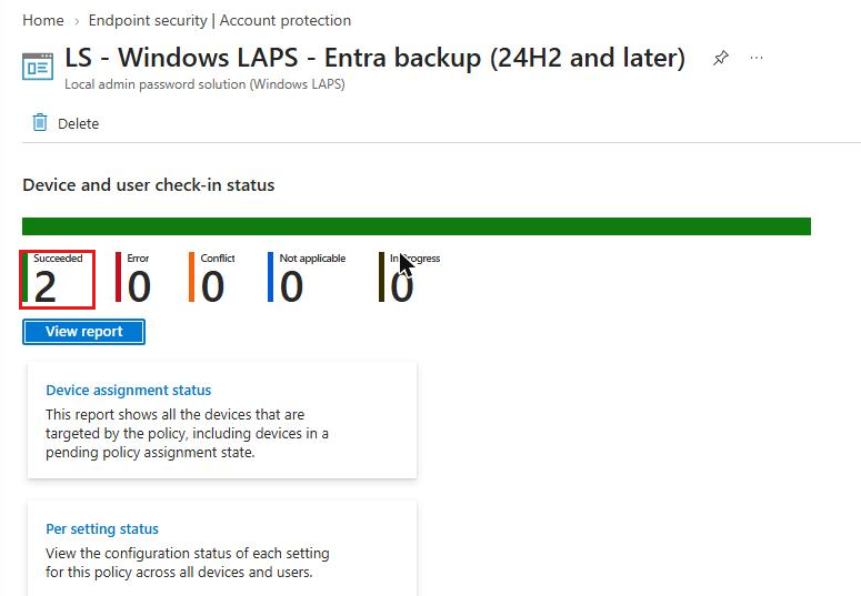Intune LAPS policy device and user check-in status showing 2 succeeded