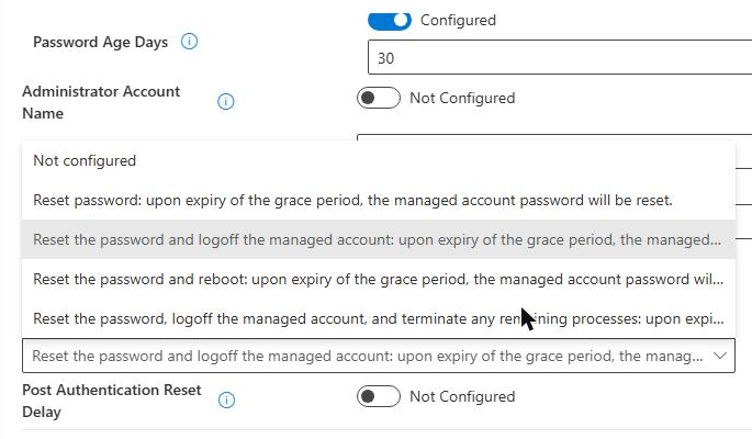 Intune LAPS Post Authentication Actions options: reset password, reset and sign out, reset and reboot, reset, sign out and terminate processes