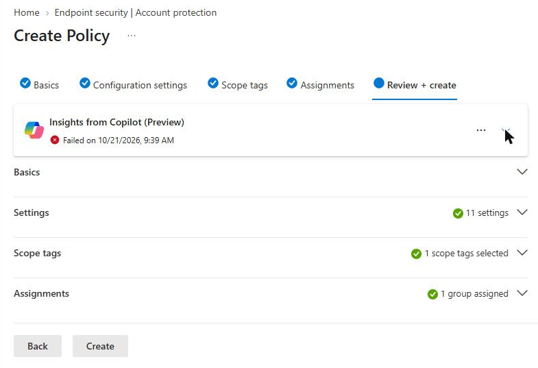 Intune LAPS policy Review + create page showing 11 settings, 1 scope tag and 1 group assigned