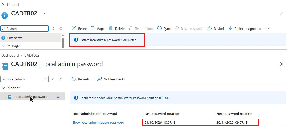 Intune LAPS manual rotation completed, with the last and next password rotation dates reset