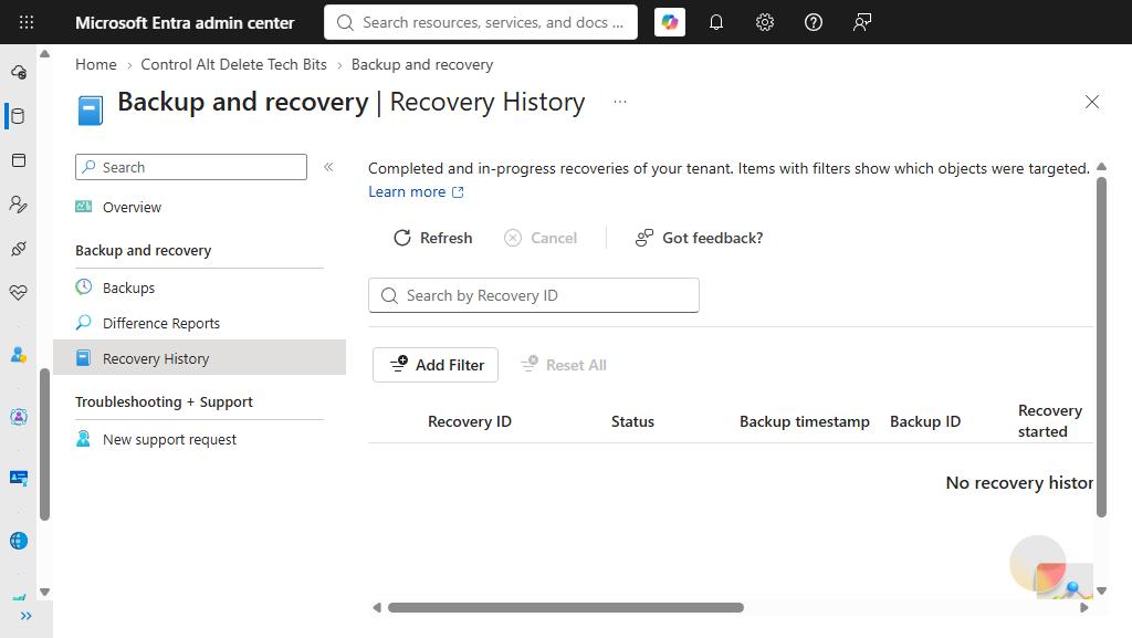 Microsoft Entra Backup and Recovery Recovery History page in the Microsoft Entra admin centre