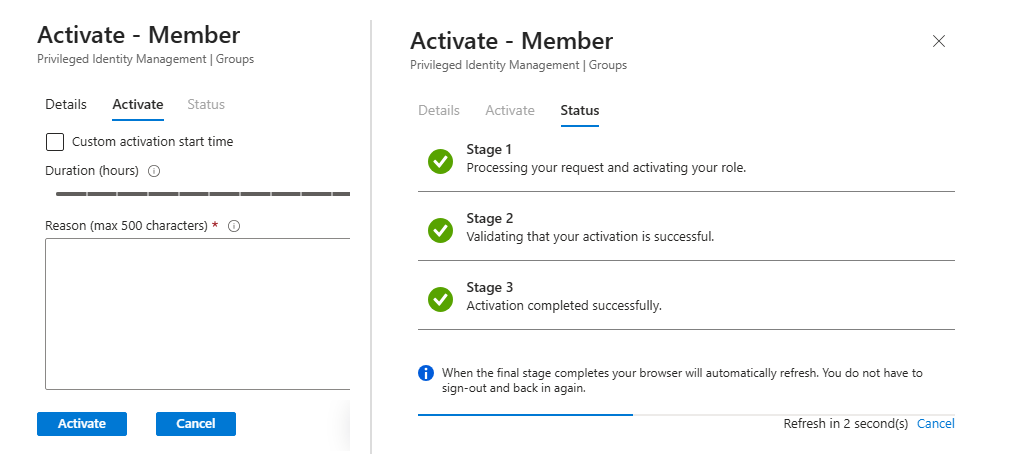 Activating PIM for Groups nesting membership: the Activate Member pane and the three completed activation stages