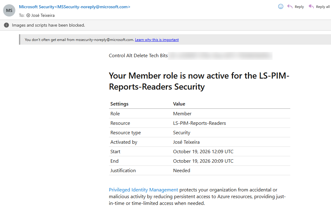 PIM for Groups nesting activation email confirming José's Member role is active for eight hours