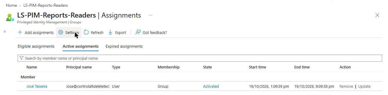 PIM for Groups nesting active assignment showing the user activated with Membership set to Group