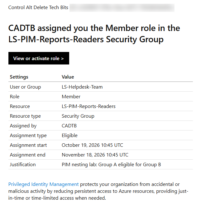 PIM for Groups nesting notification email showing LS-Helpdesk-Team as an eligible member of LS-PIM-Reports-Readers