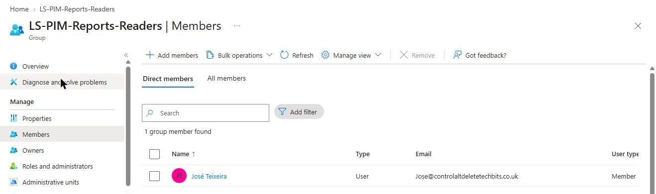 Members of the role-assignable group after a PIM for Groups nesting activation, showing only the activating user