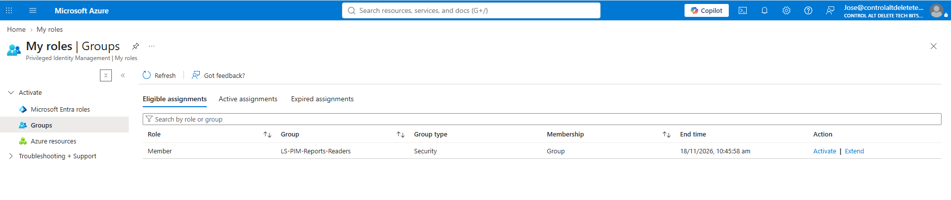PIM for Groups nesting in My roles, showing an eligible Member assignment with Membership set to Group